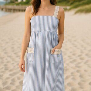 Pomander‎ Place S Harbour Striped Dress Crochet Straps Linen Blend Cottagecore